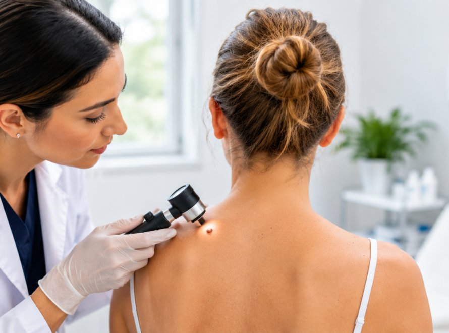 GP performing a bulk billed skin cancer check in Nerang using a dermatoscope for early skin cancer detection.